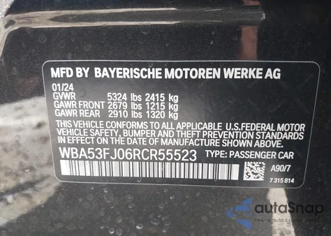 2024 BMW 530I xDrive from USA, damaged, VIN WBA53FJ06RCR55523